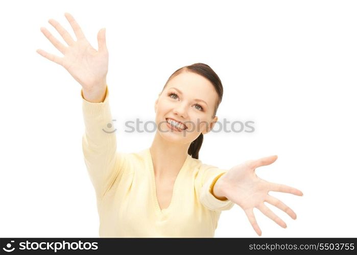 bright picture of happy woman showing her palms&#xA;