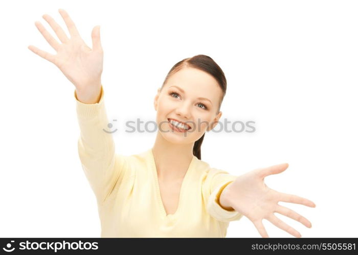 bright picture of happy woman showing her palms&#xA;