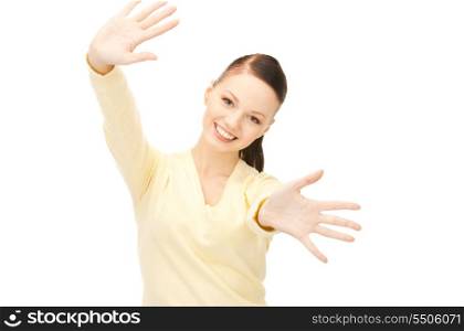 bright picture of happy woman showing her palms&#xA;