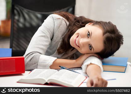 bright picture of happy woman with book