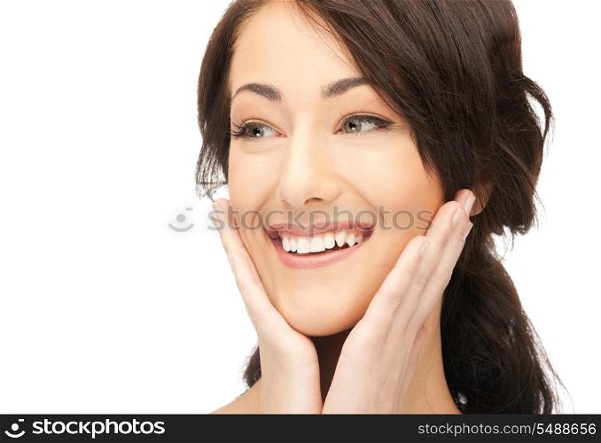 bright picture of happy woman with expression of surprise.