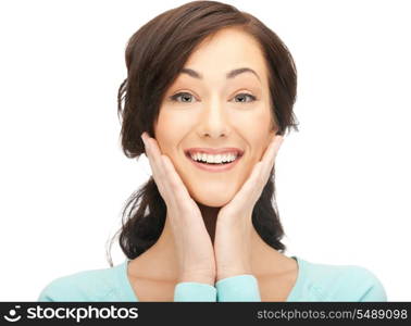 bright picture of happy woman with expression of surprise.