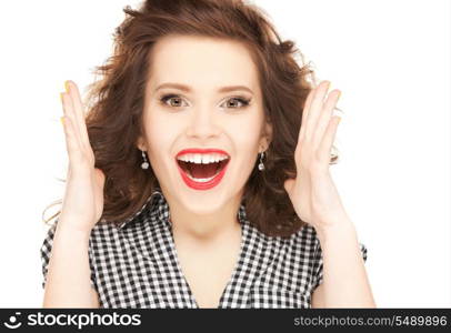 bright picture of happy woman with expression of surprise