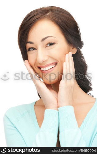 bright picture of happy woman with expression of surprise.