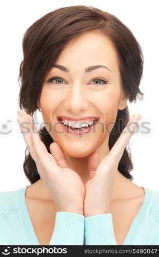 bright picture of happy woman with expression of surprise.