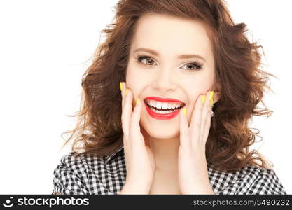 bright picture of happy woman with expression of surprise