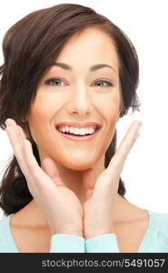 bright picture of happy woman with expression of surprise.