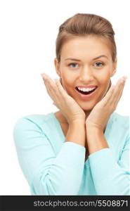 bright picture of happy woman with expression of surprise