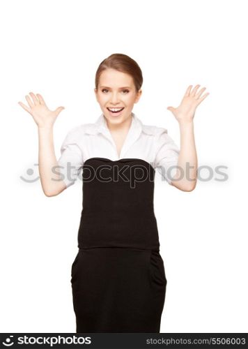 bright picture of happy woman with expression of surprise&#xA;