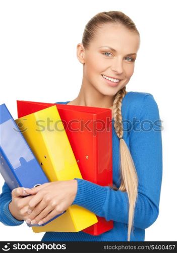 bright picture of happy woman with folders