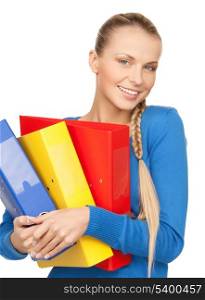 bright picture of happy woman with folders