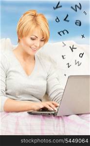 bright picture of happy woman with laptop computer.