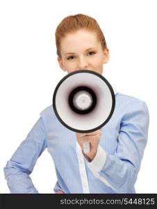 bright picture of happy woman with megaphone