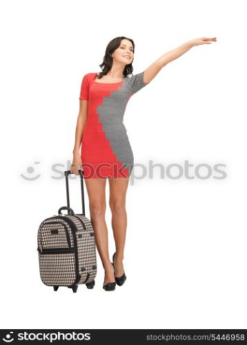 bright picture of hitch-hiking woman with suitcase
