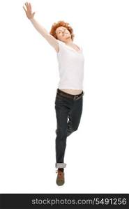 bright picture of jumping man in white shirt