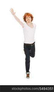 bright picture of jumping man in white shirt