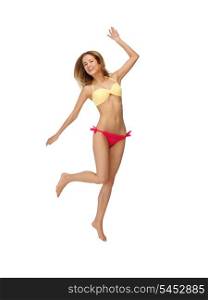 bright picture of jumping woman in bikini