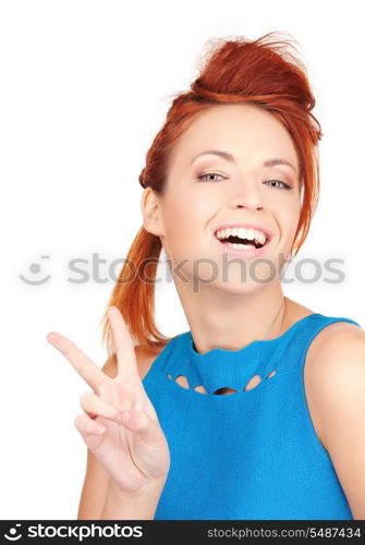 bright picture of lovely blonde showing victory sign