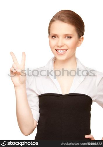 bright picture of lovely blonde showing victory sign&#xA;