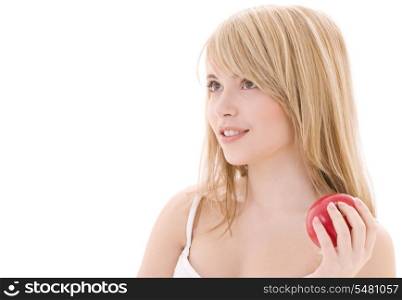 bright picture of lovely blonde with red apple