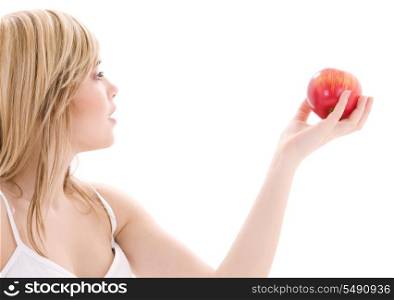 bright picture of lovely blonde with red apple