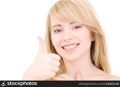 bright picture of lovely blonde with thumbs up