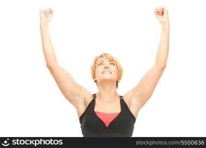 bright picture of lovely fit woman with expression of tryumph over white&#xA;