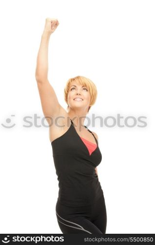 bright picture of lovely fit woman with expression of tryumph over white&#xA;