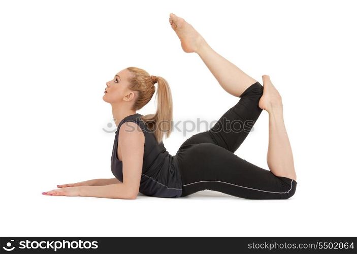 bright picture of lovely fitness instructor over white