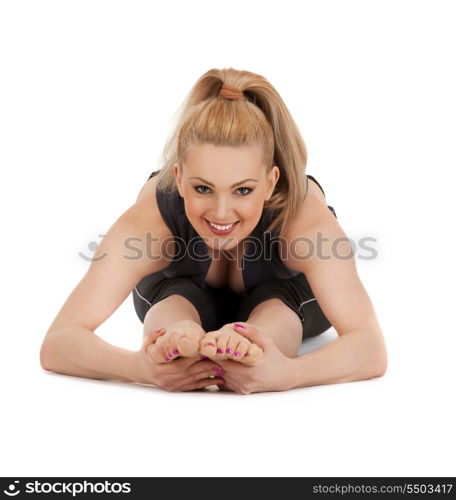 bright picture of lovely fitness instructor over white