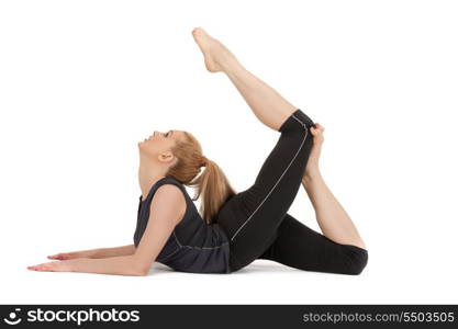 bright picture of lovely fitness instructor over white