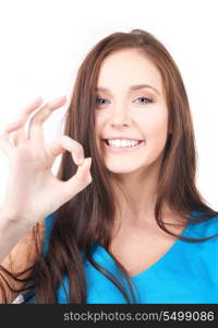 bright picture of lovely girl showing ok sign