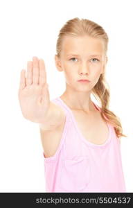 bright picture of lovely girl showing stop sign