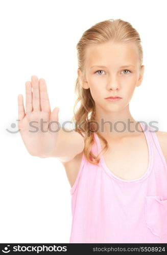 bright picture of lovely girl showing stop sign