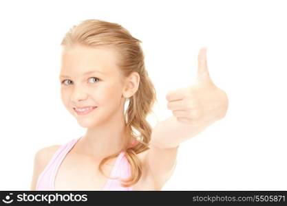 bright picture of lovely girl showing thumbs up sign