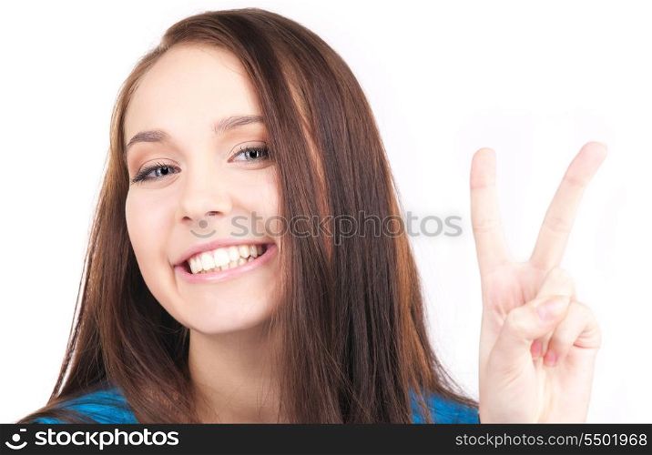 bright picture of lovely girl showing victory sign
