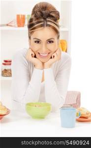 bright picture of lovely housewife with cup of muesli