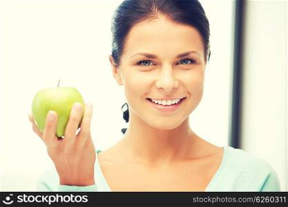 bright picture of lovely housewife with green apple. lovely housewife with green apple