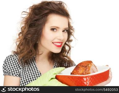 bright picture of lovely housewife with meat.