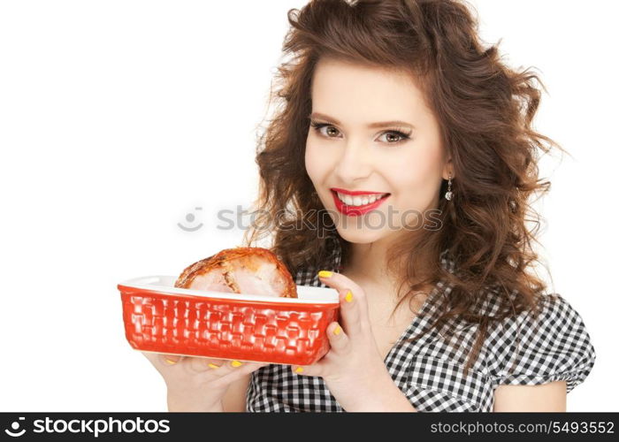 bright picture of lovely housewife with meat.