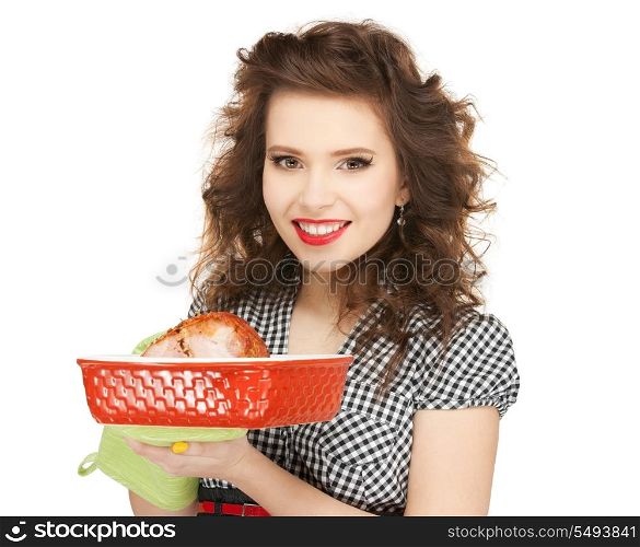 bright picture of lovely housewife with meat.