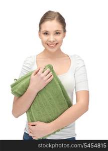 bright picture of lovely housewife with towels