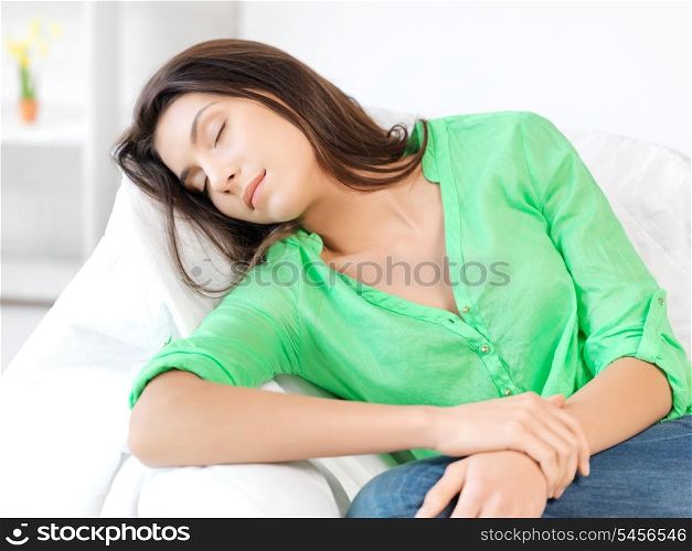 bright picture of lovely sleeping woman at home