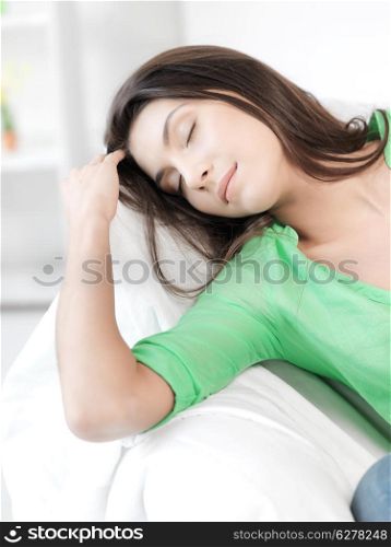 bright picture of lovely sleeping woman at home