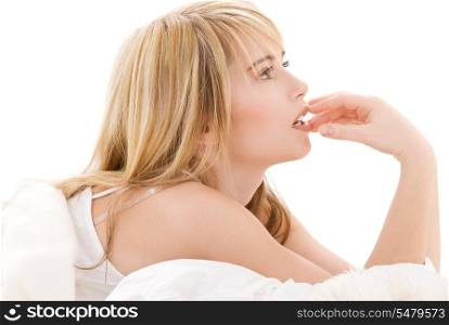 bright picture of lovely teenage girl in bed