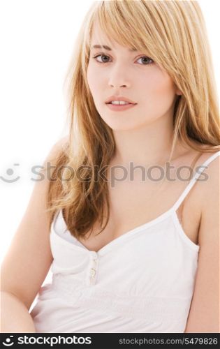 bright picture of lovely teenage girl in white cotton shirt