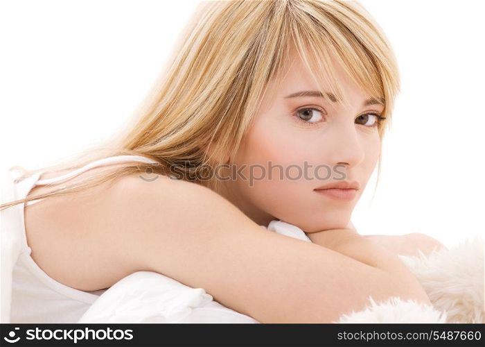 bright picture of lovely teenage girl in white cotton shirt
