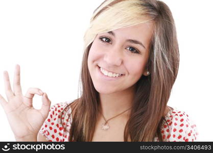 bright picture of lovely teenage girl showing ok sign