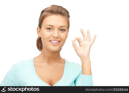 bright picture of lovely teenage girl showing ok sign