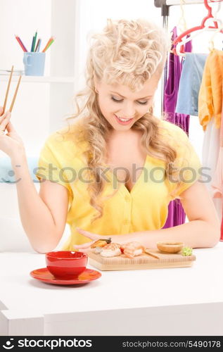 bright picture of lovely woman eating sushi